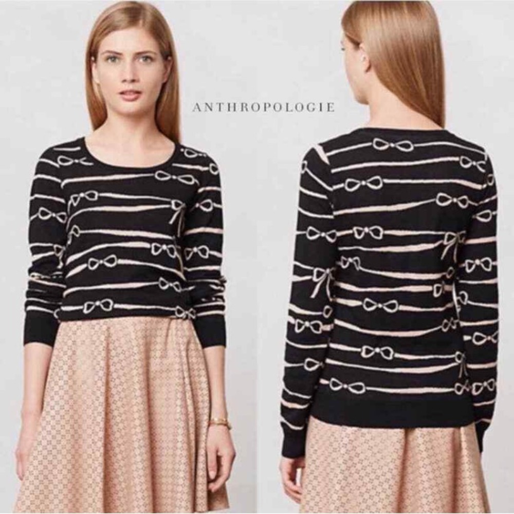 HWR Monogram Anthropologie Bow Ribbon Ruled Sweater Size Small